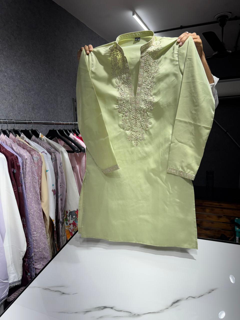Pistachio Green Sequin V-Line Kurta Pajama