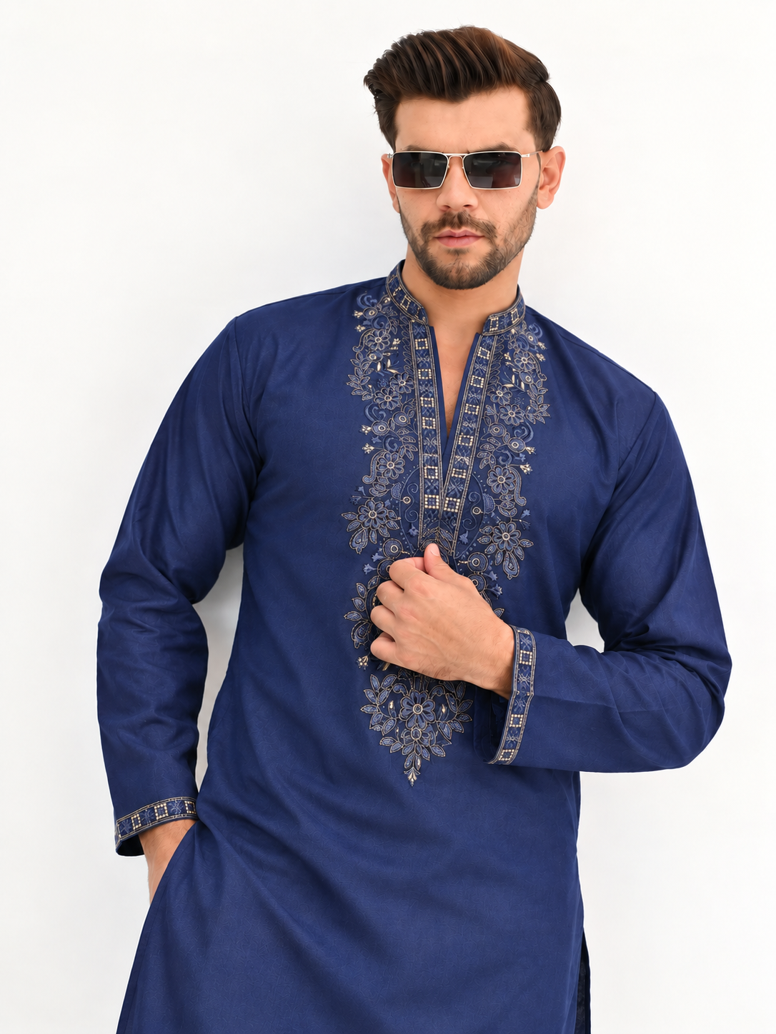 Midnight Blue Sequin V-Line Kurta Pajama