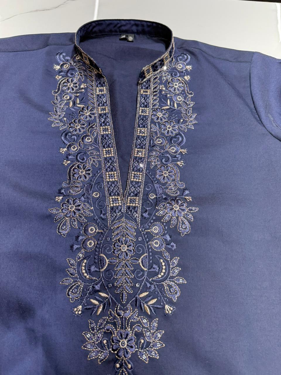 Midnight Blue Sequin V-Line Kurta Pajama