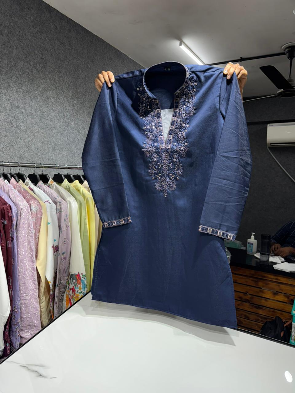 Midnight Blue Sequin V-Line Kurta Pajama