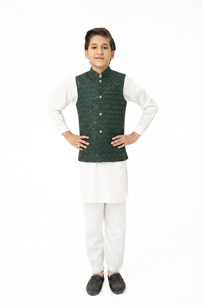 Green Sequins Boys Waistcoat