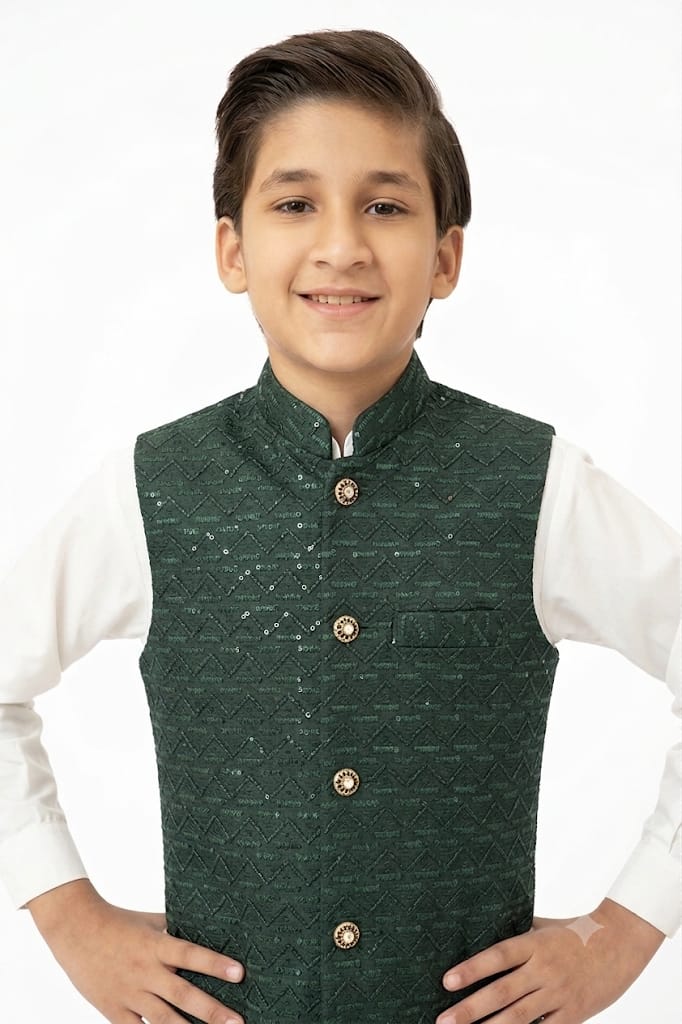 Green Sequins Boys Waistcoat